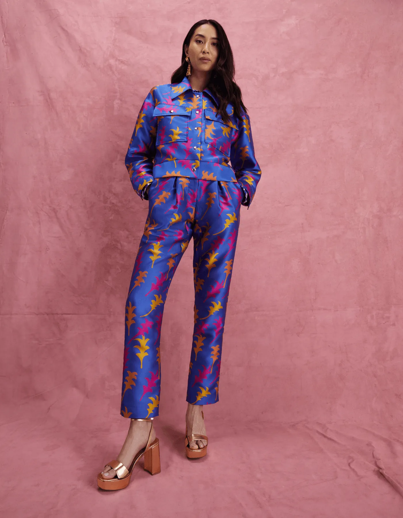 Clara Blue Highland Print Silk Jacquard Trousers