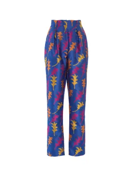 Clara Blue Highland Print Silk Jacquard Trousers