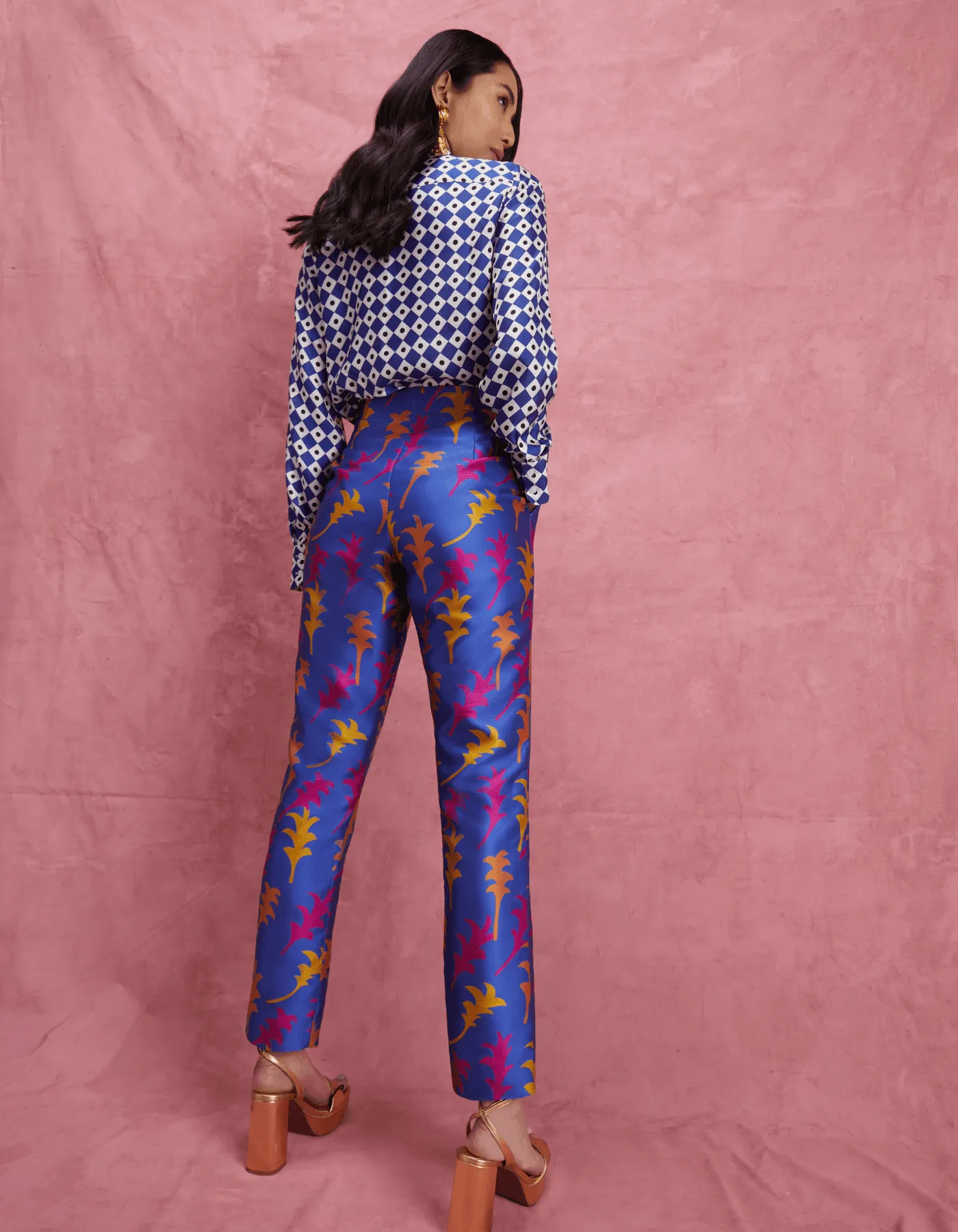 Clara Blue Highland Print Silk Jacquard Trousers