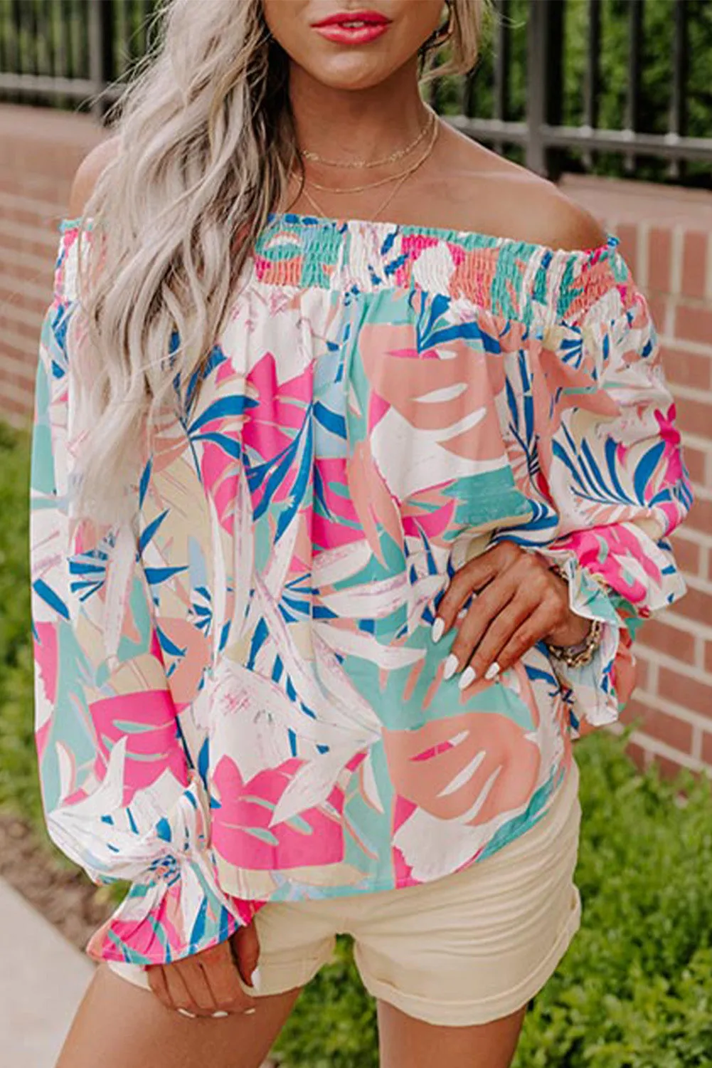 color Floral Print Off Shoulder Blouse