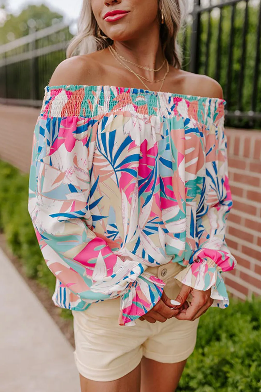 color Floral Print Off Shoulder Blouse