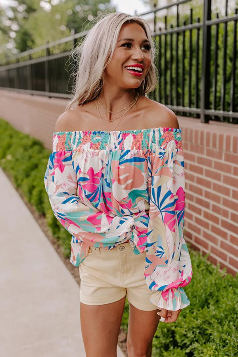 color Floral Print Off Shoulder Blouse