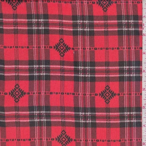 Coral Red/Black Tartan Plaid Chiffon Fabric