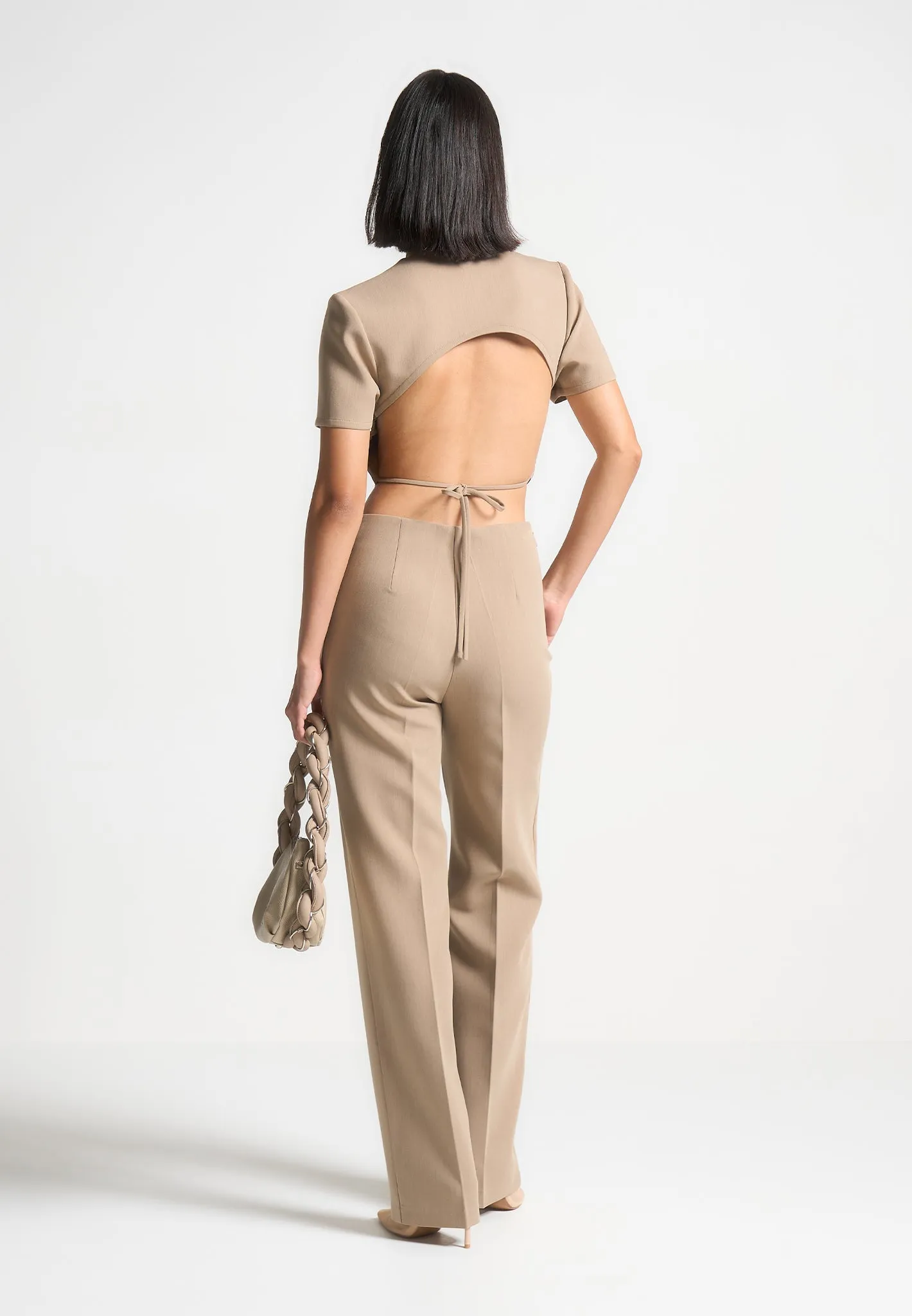 Curved Waist Tailored Trousers - Dark Beige