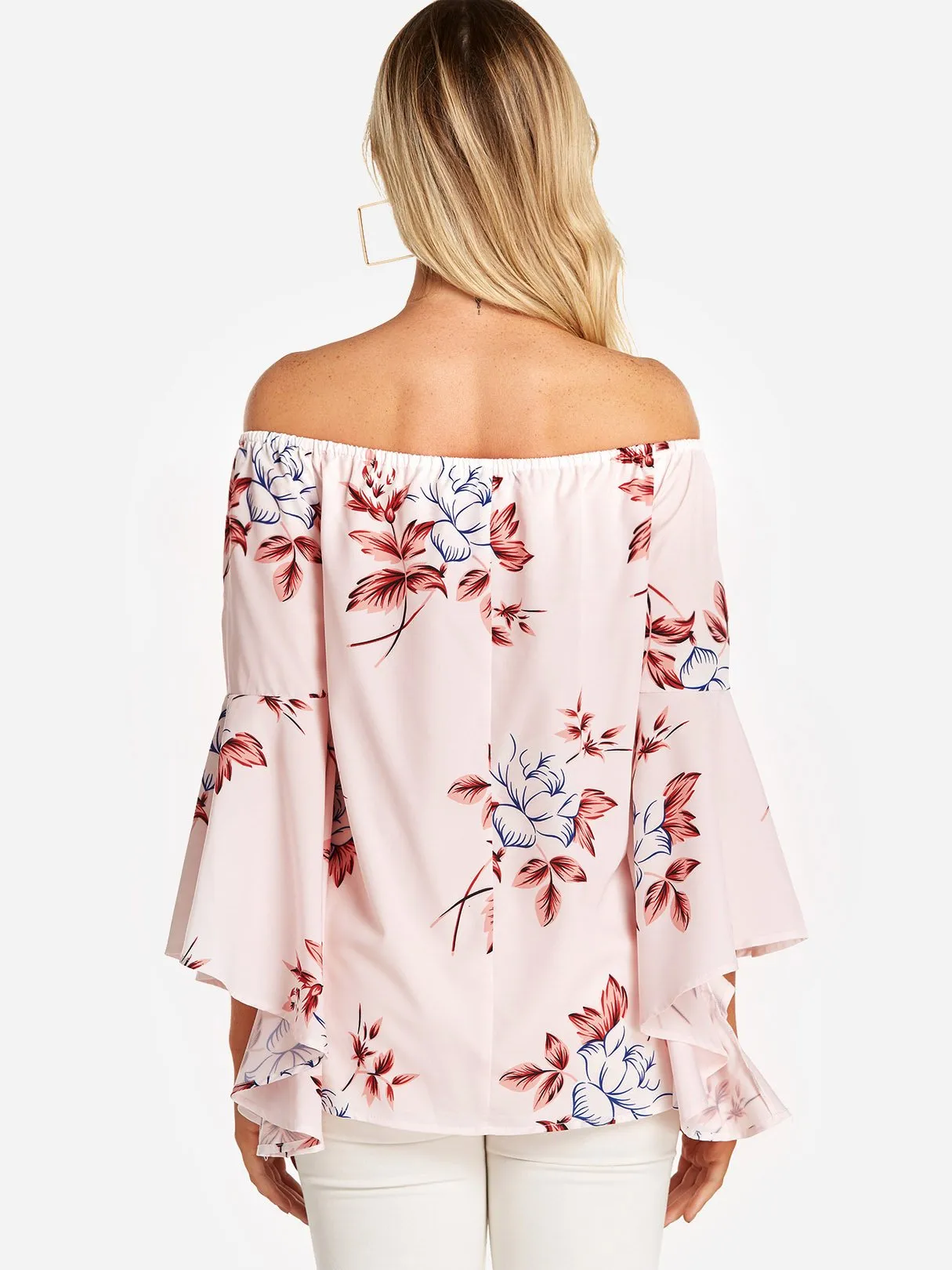 Custom Off The Shoulder Floral Print Backless Long Sleeve Pink Blouses