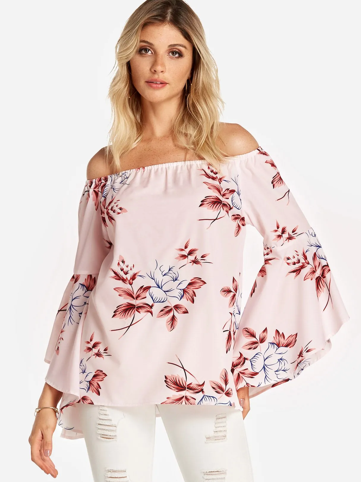 Custom Off The Shoulder Floral Print Backless Long Sleeve Pink Blouses