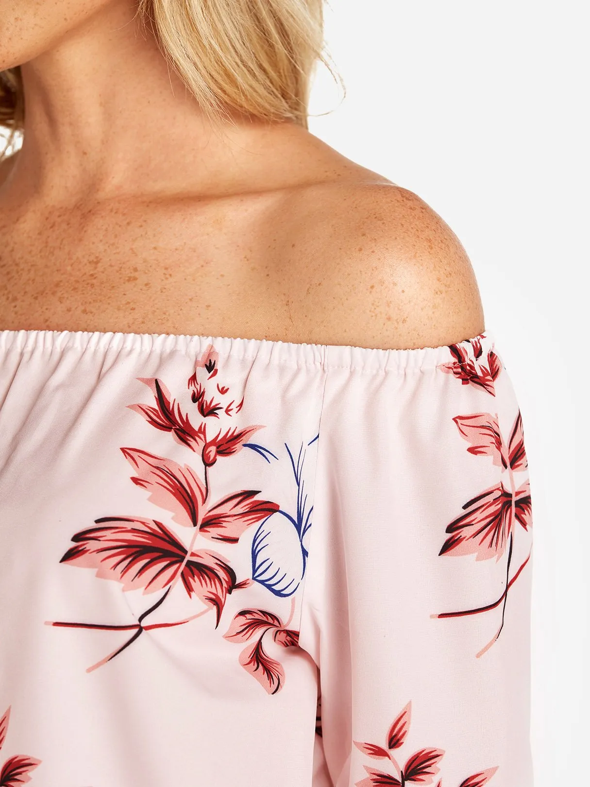 Custom Off The Shoulder Floral Print Backless Long Sleeve Pink Blouses