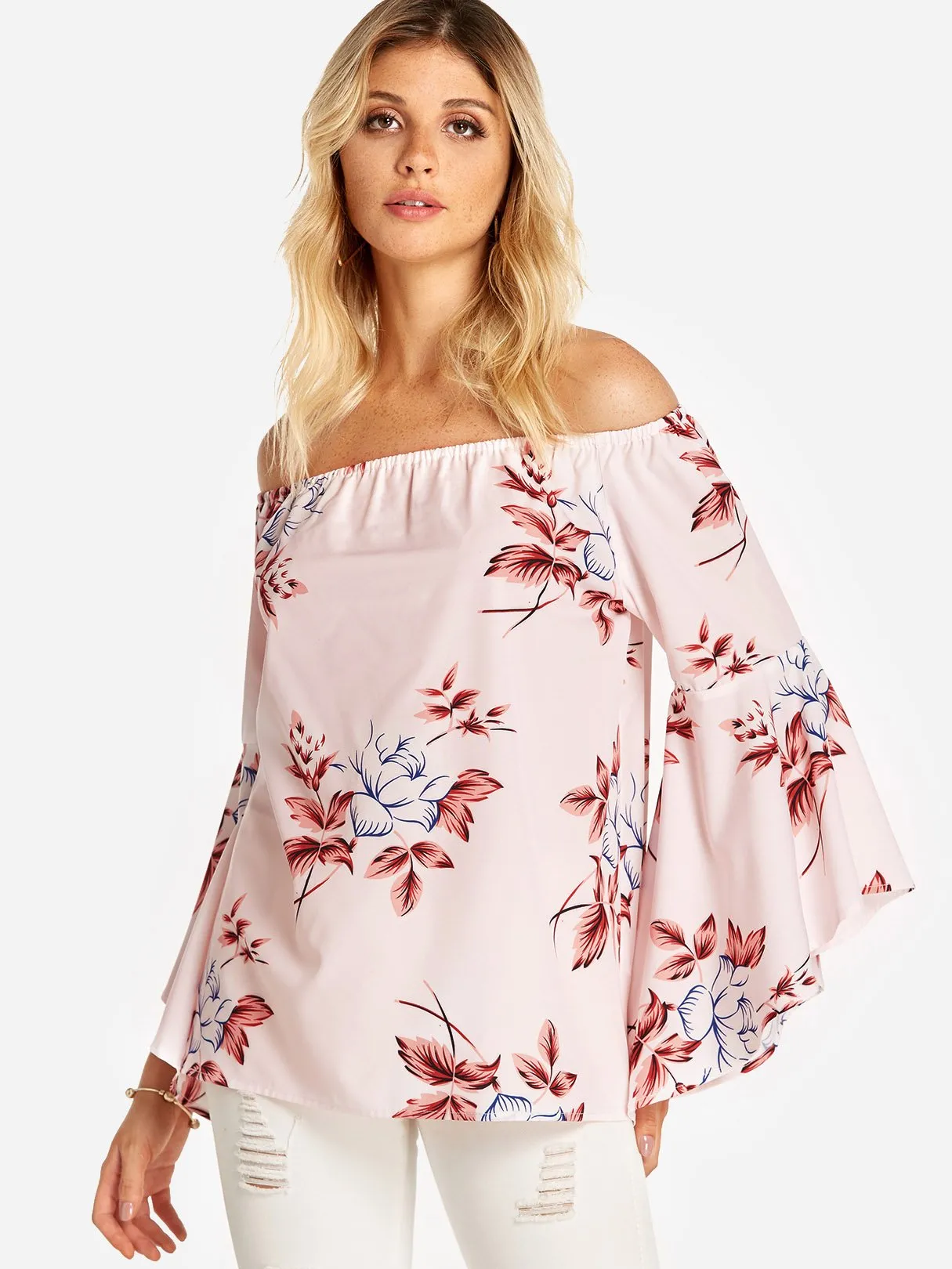 Custom Off The Shoulder Floral Print Backless Long Sleeve Pink Blouses