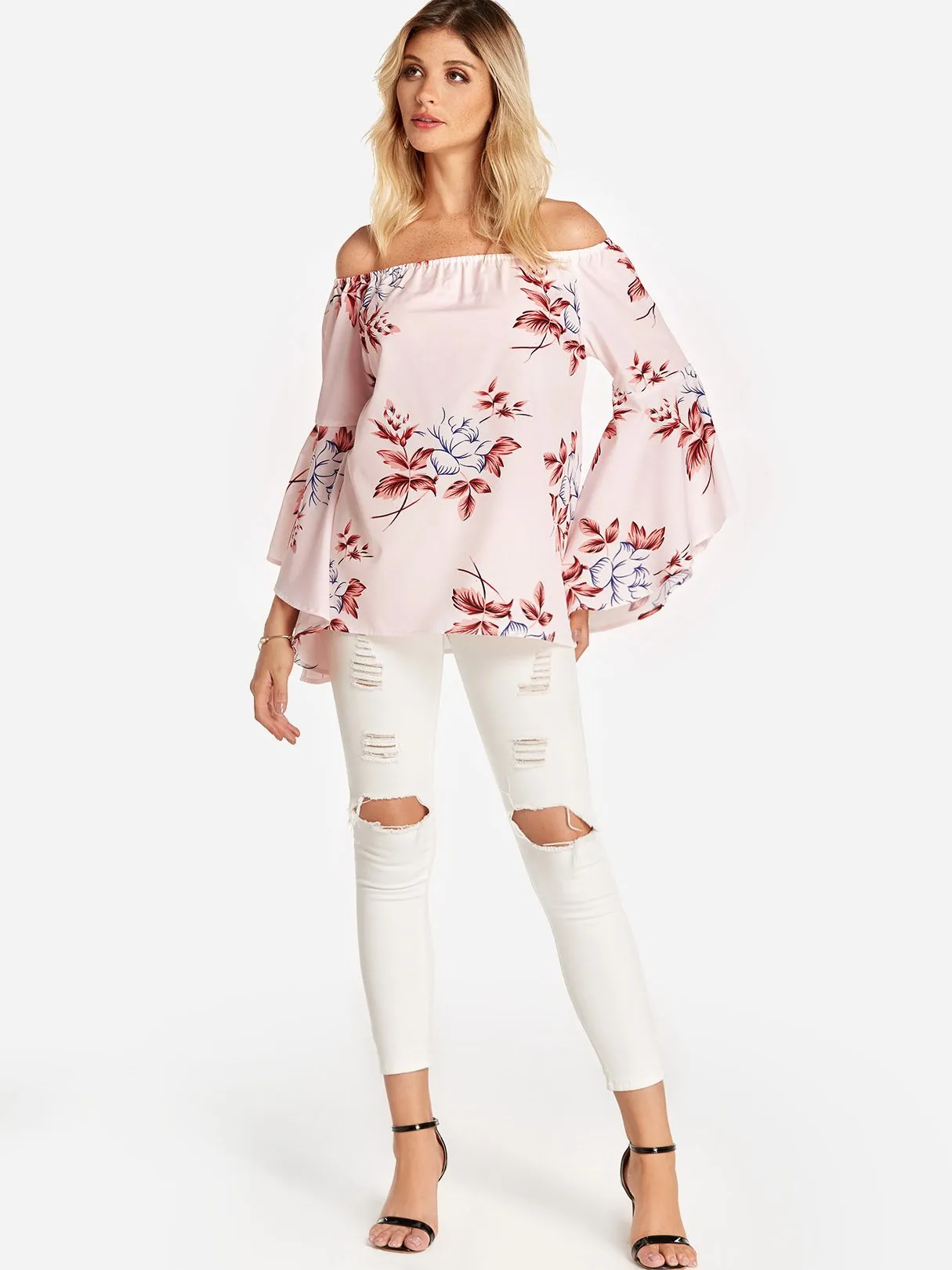 Custom Off The Shoulder Floral Print Backless Long Sleeve Pink Blouses