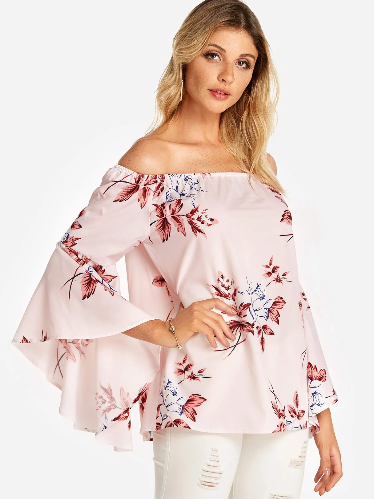 Custom Off The Shoulder Floral Print Backless Long Sleeve Pink Blouses