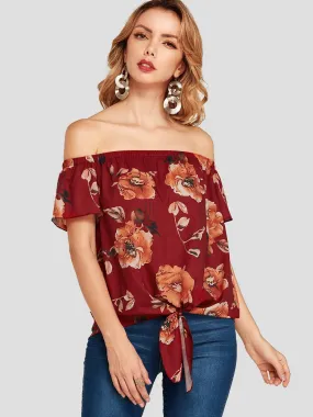 Custom Off The Shoulder Floral Print Short Sleeve Red Blouses