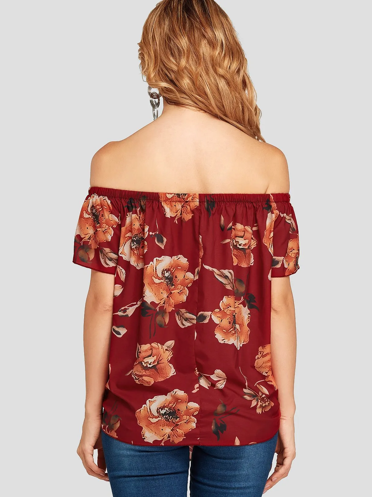 Custom Off The Shoulder Floral Print Short Sleeve Red Blouses