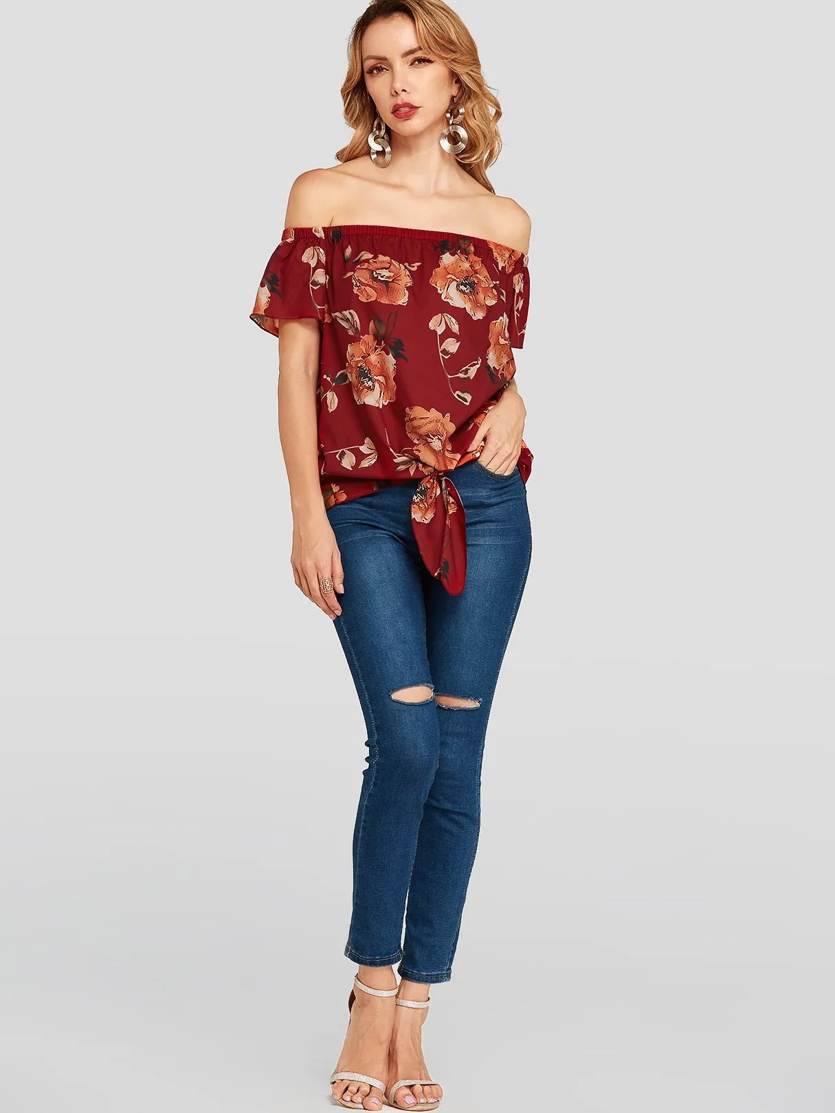 Custom Off The Shoulder Floral Print Short Sleeve Red Blouses