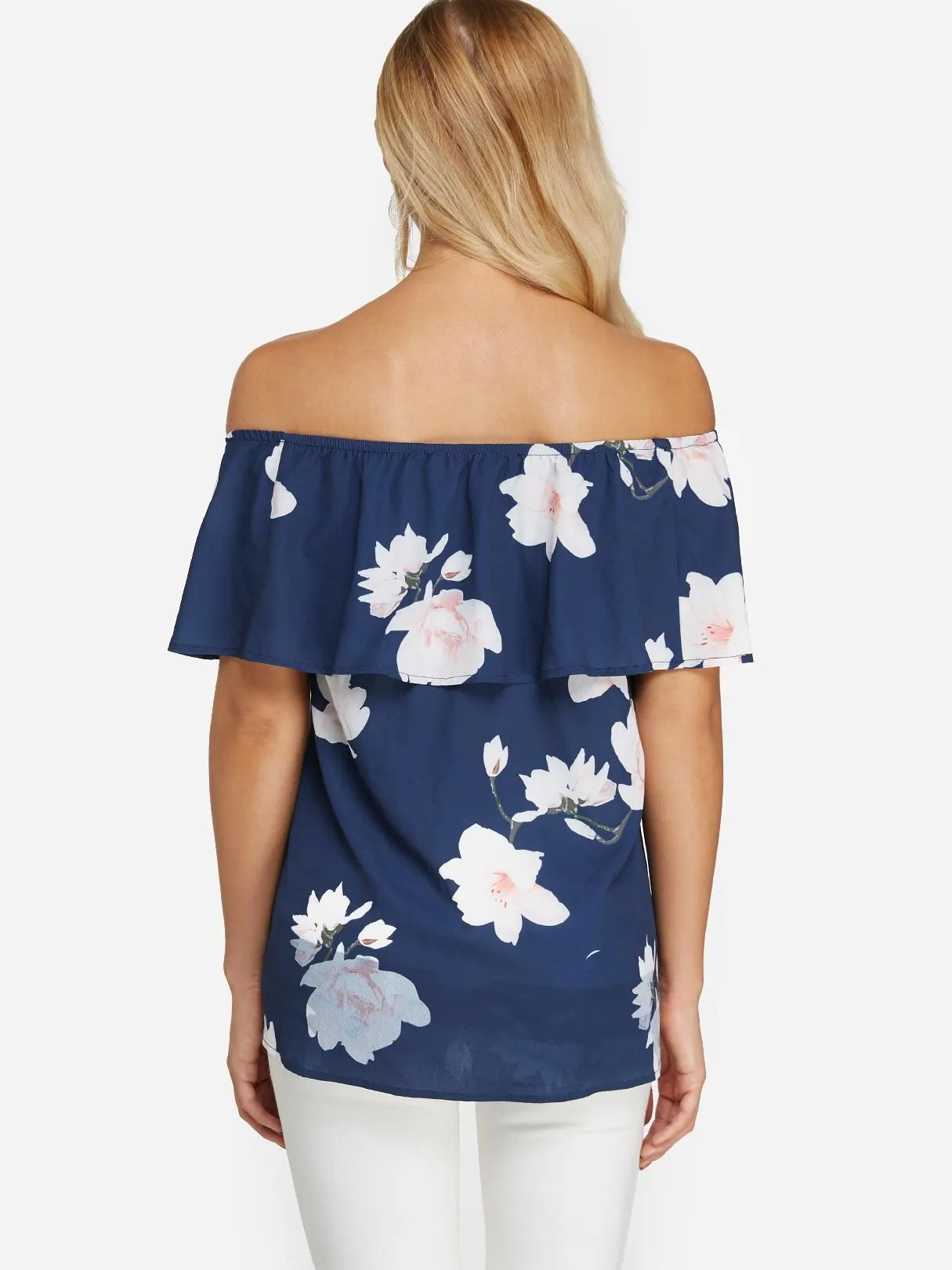 Custom Off The Shoulder Floral Print Tiered Short Sleeve Navy Blouses