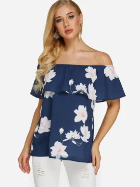 Custom Off The Shoulder Floral Print Tiered Short Sleeve Navy Blouses