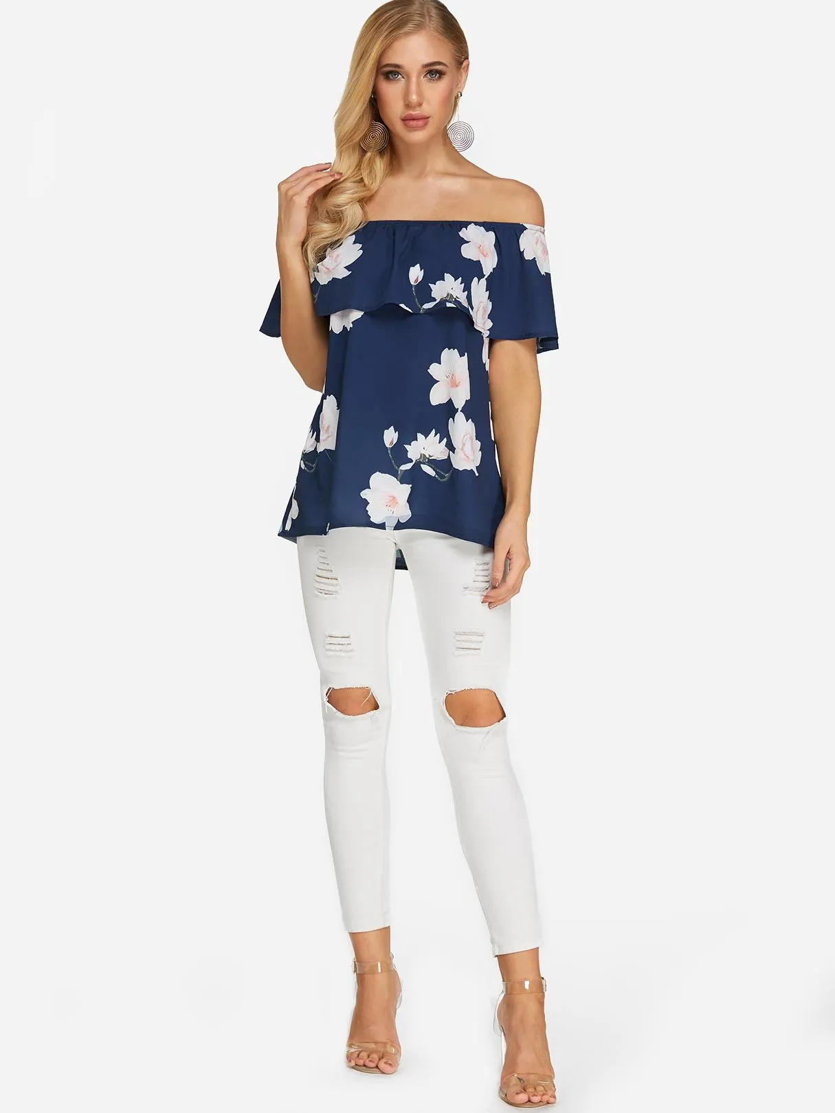 Custom Off The Shoulder Floral Print Tiered Short Sleeve Navy Blouses