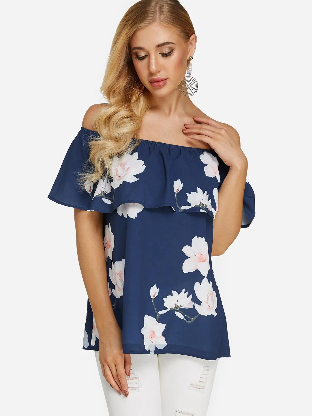 Custom Off The Shoulder Floral Print Tiered Short Sleeve Navy Blouses