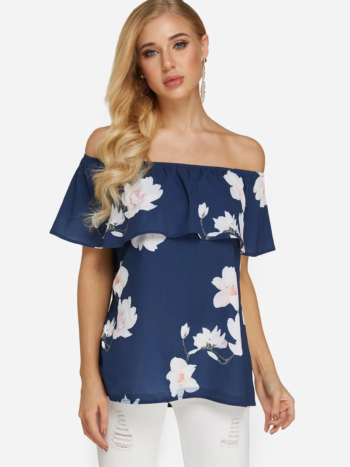 Custom Off The Shoulder Floral Print Tiered Short Sleeve Navy Blouses