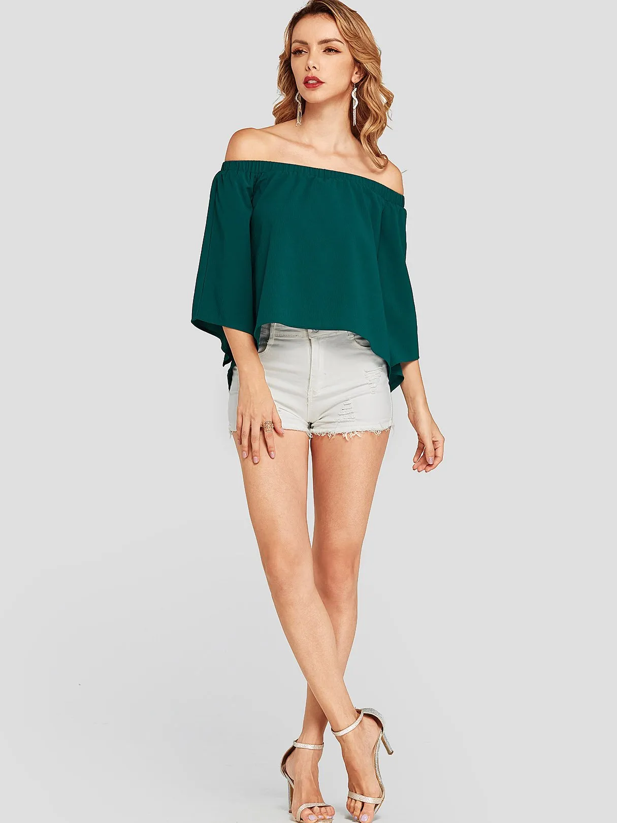 Custom Off The Shoulder Half Sleeve Green Blouses