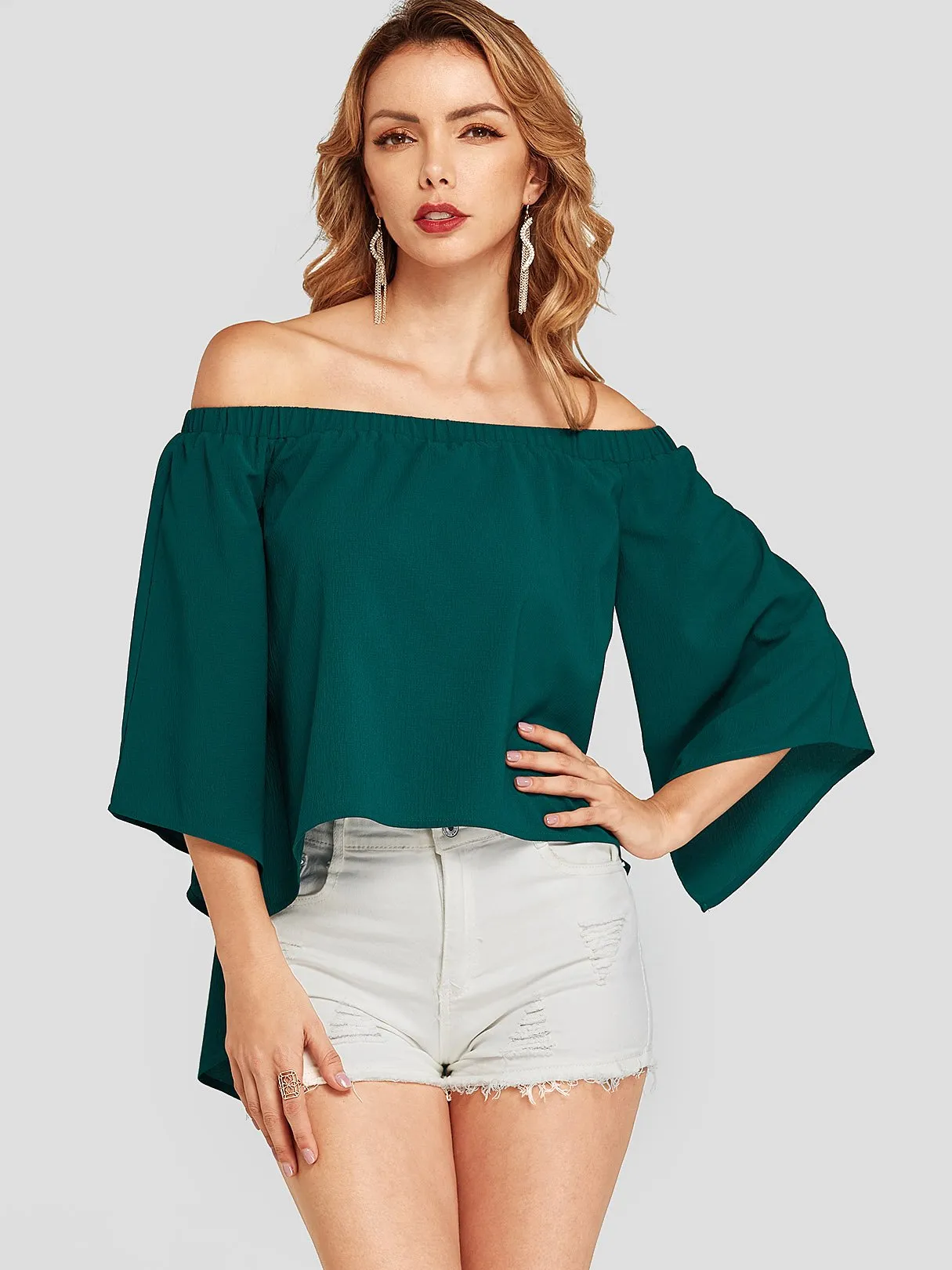 Custom Off The Shoulder Half Sleeve Green Blouses