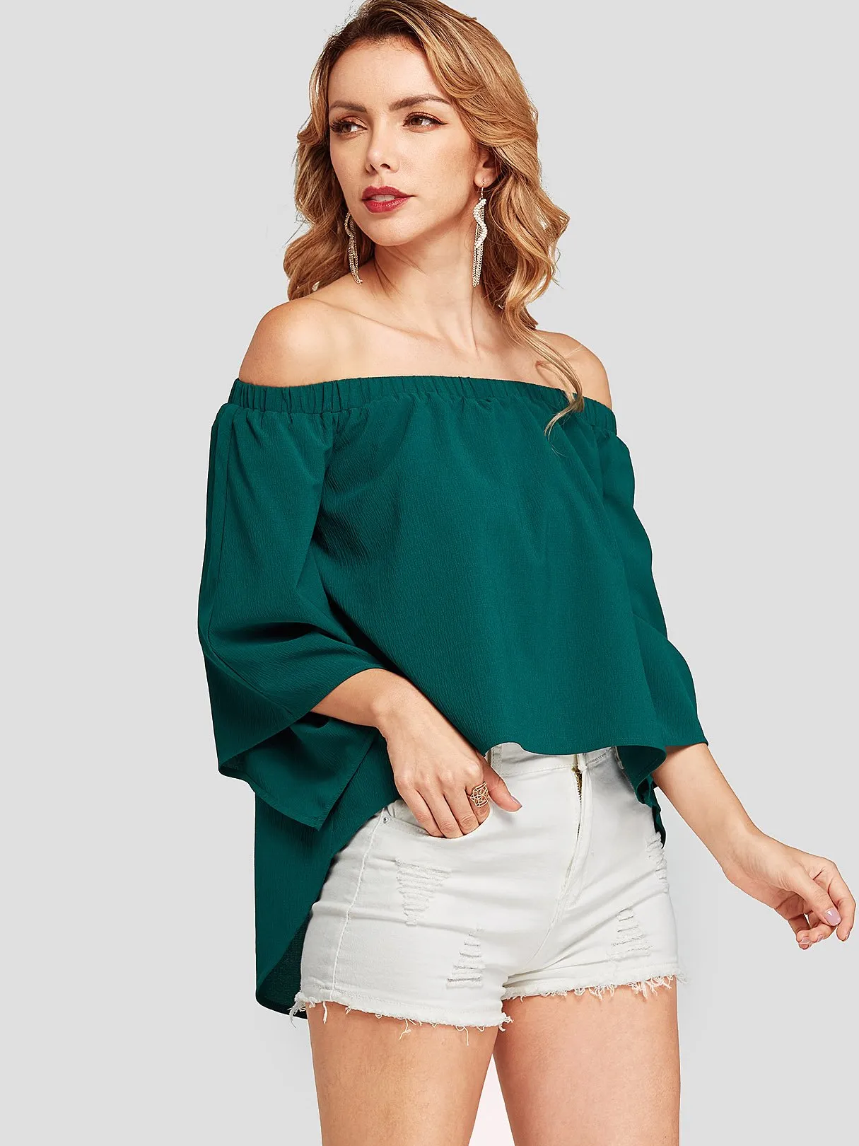 Custom Off The Shoulder Half Sleeve Green Blouses