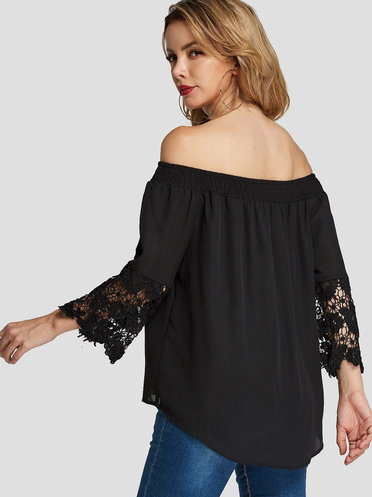 Custom Off The Shoulder Lace Pleated 3/4 Sleeve Black Blouses