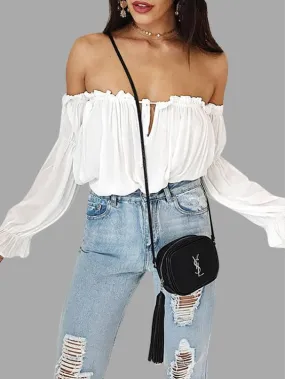 Custom Off The Shoulder Pleated Long Sleeve White Top