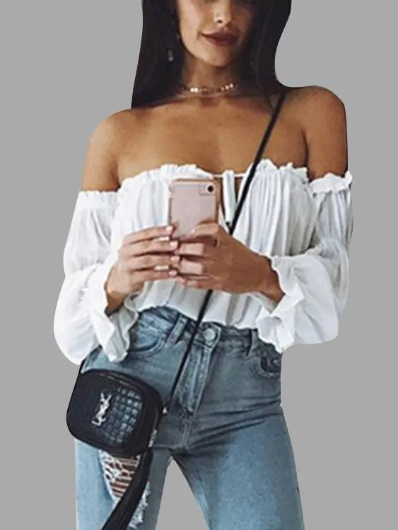 Custom Off The Shoulder Pleated Long Sleeve White Top