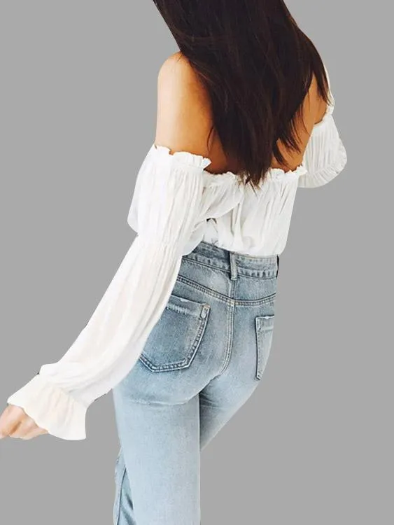 Custom Off The Shoulder Pleated Long Sleeve White Top