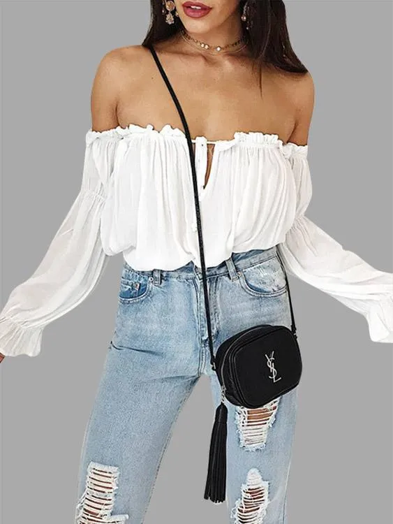 Custom Off The Shoulder Pleated Long Sleeve White Top