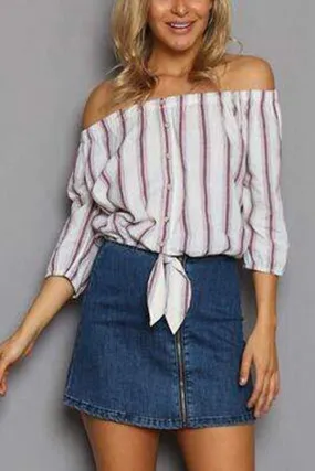 Custom Off The Shoulder Stripe 3/4 Sleeve Blouses