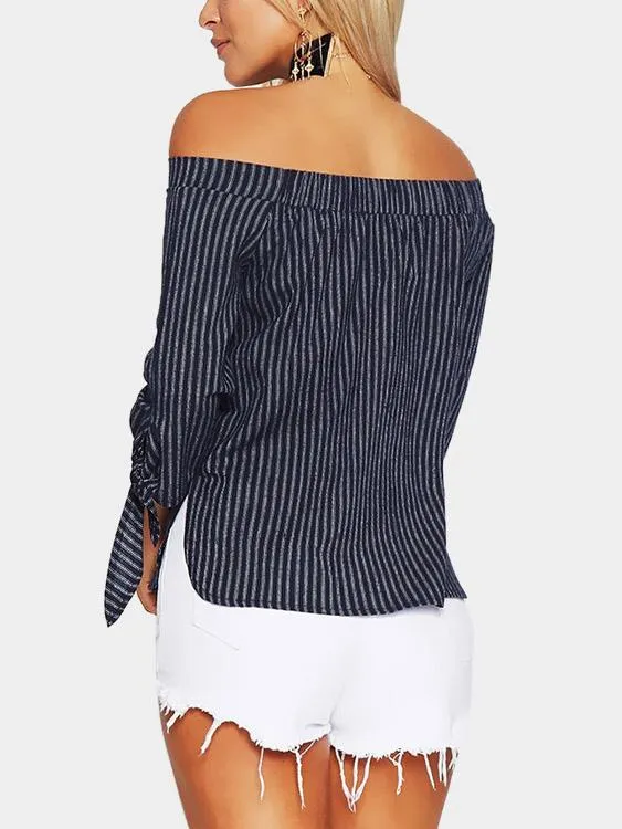 Custom Off The Shoulder Stripe 3/4 Sleeve Navy Blouses