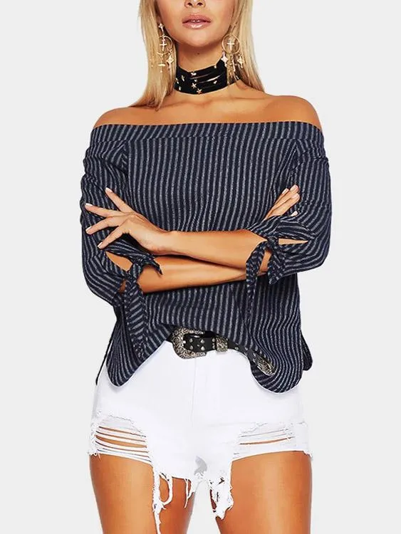 Custom Off The Shoulder Stripe 3/4 Sleeve Navy Blouses