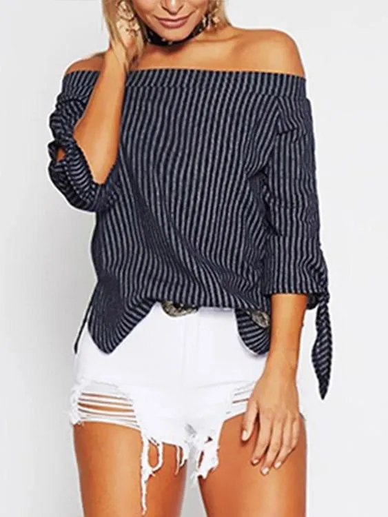 Custom Off The Shoulder Stripe 3/4 Sleeve Navy Blouses