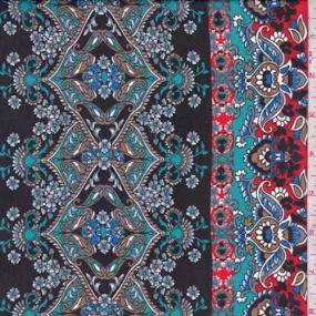 Dark Navy/Teal Multi Stylized Stripe Chiffon Fabric