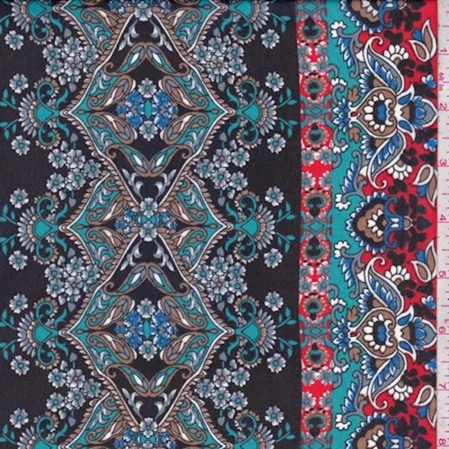 Dark Navy/Teal Multi Stylized Stripe Chiffon Fabric