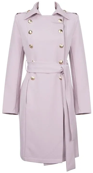 Double-Breasted Gold Button-Embellished Belted Coat, Pink