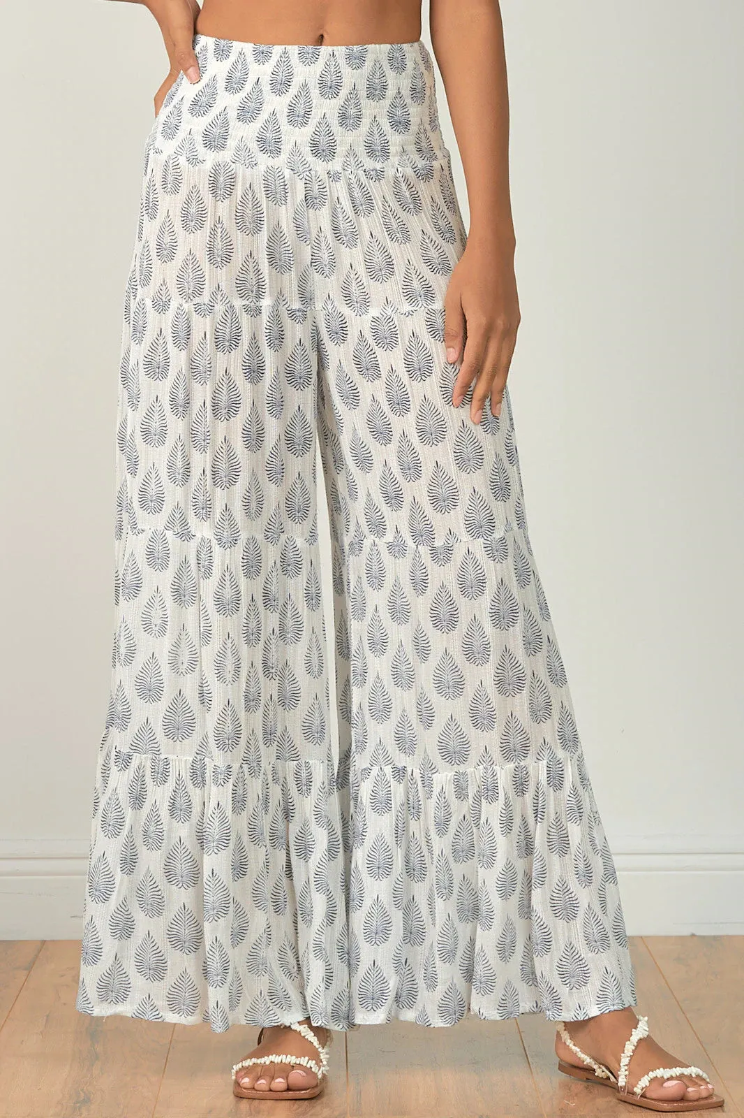 Elan Off White Navy Leaf Print Wide Leg Ruffle Pants