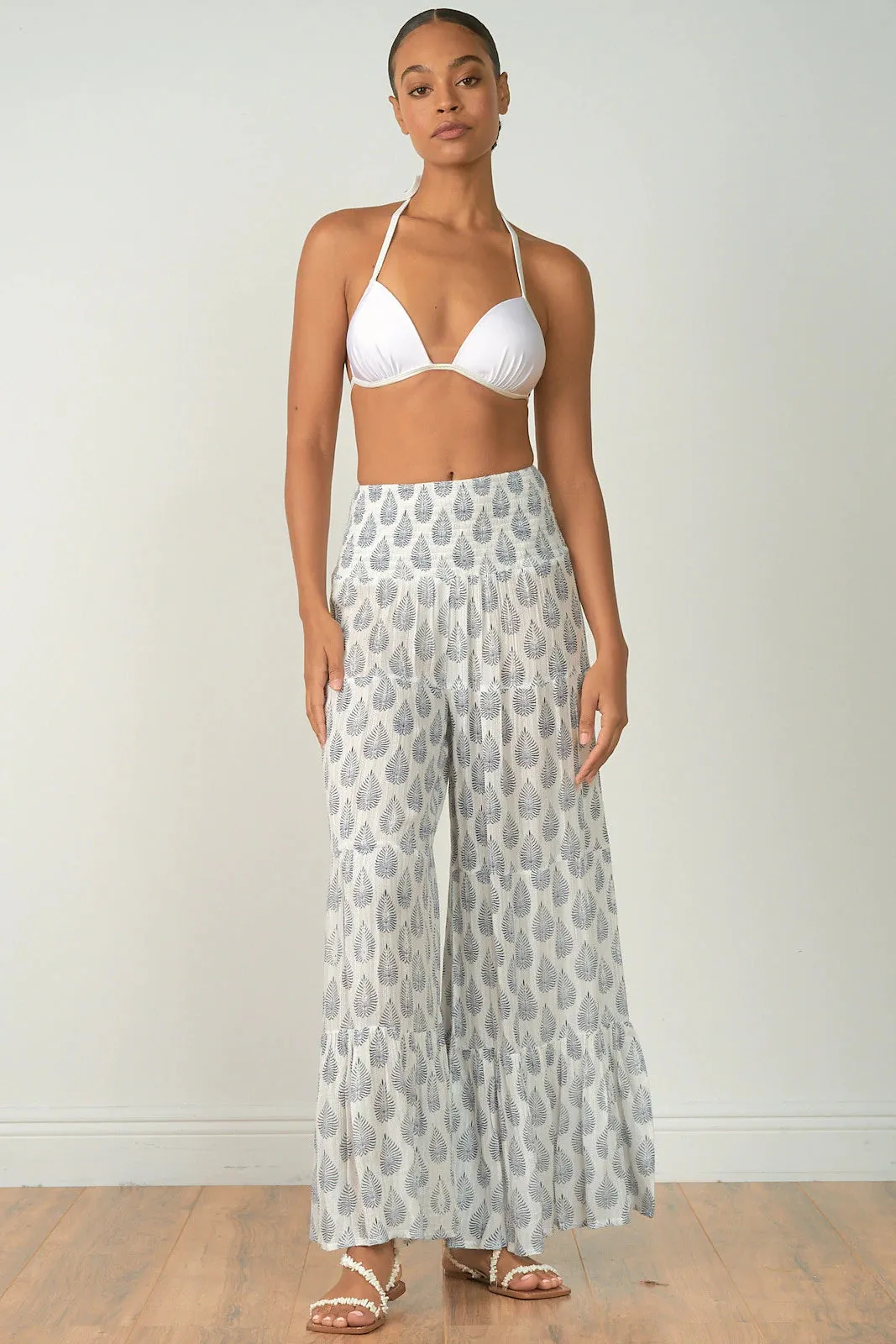 Elan Off White Navy Leaf Print Wide Leg Ruffle Pants