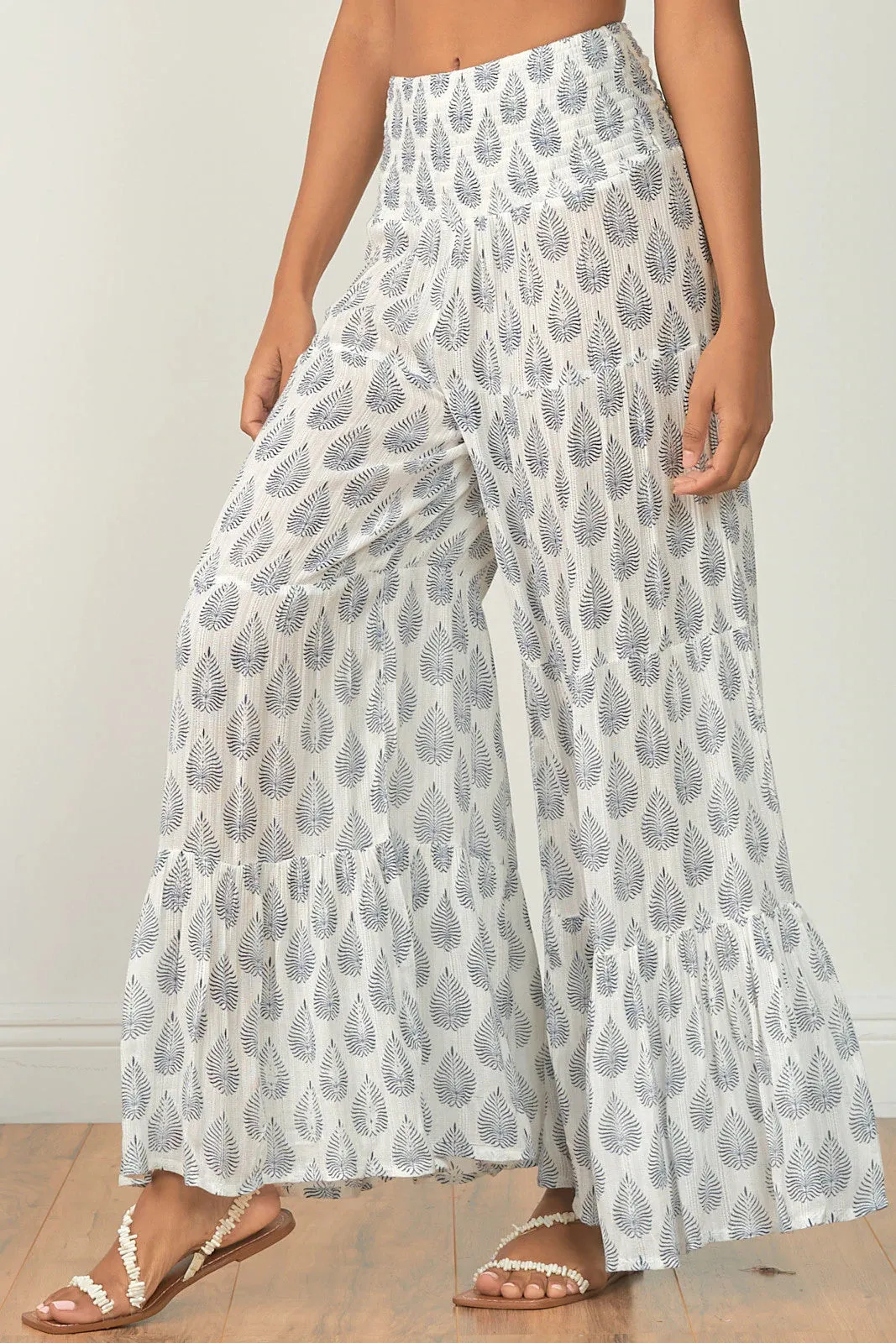 Elan Off White Navy Leaf Print Wide Leg Ruffle Pants