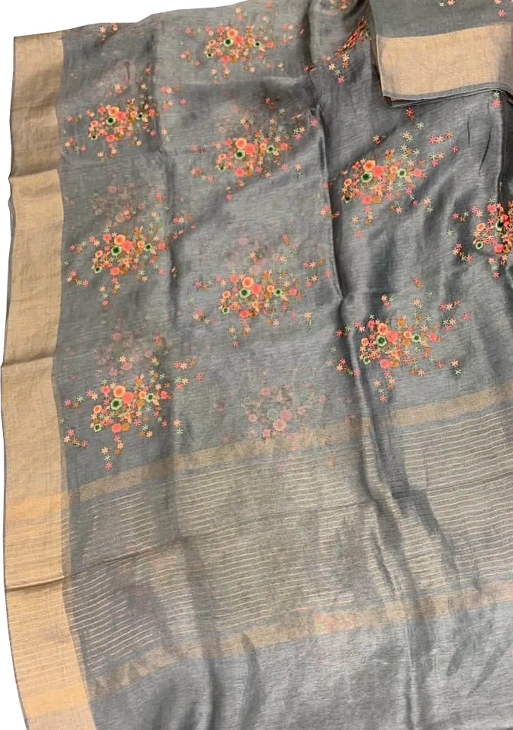 Elegant Grey Linen Silk Saree with Embroidery