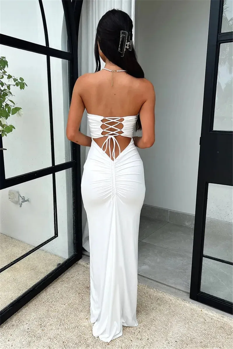 Elegantly Peach Strapless Maxi Dress with Lace-Up Back for Women