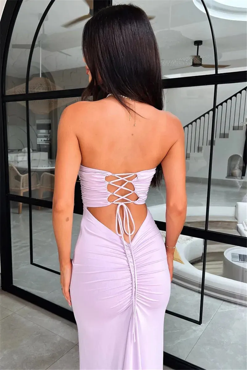 Elegantly Peach Strapless Maxi Dress with Lace-Up Back for Women