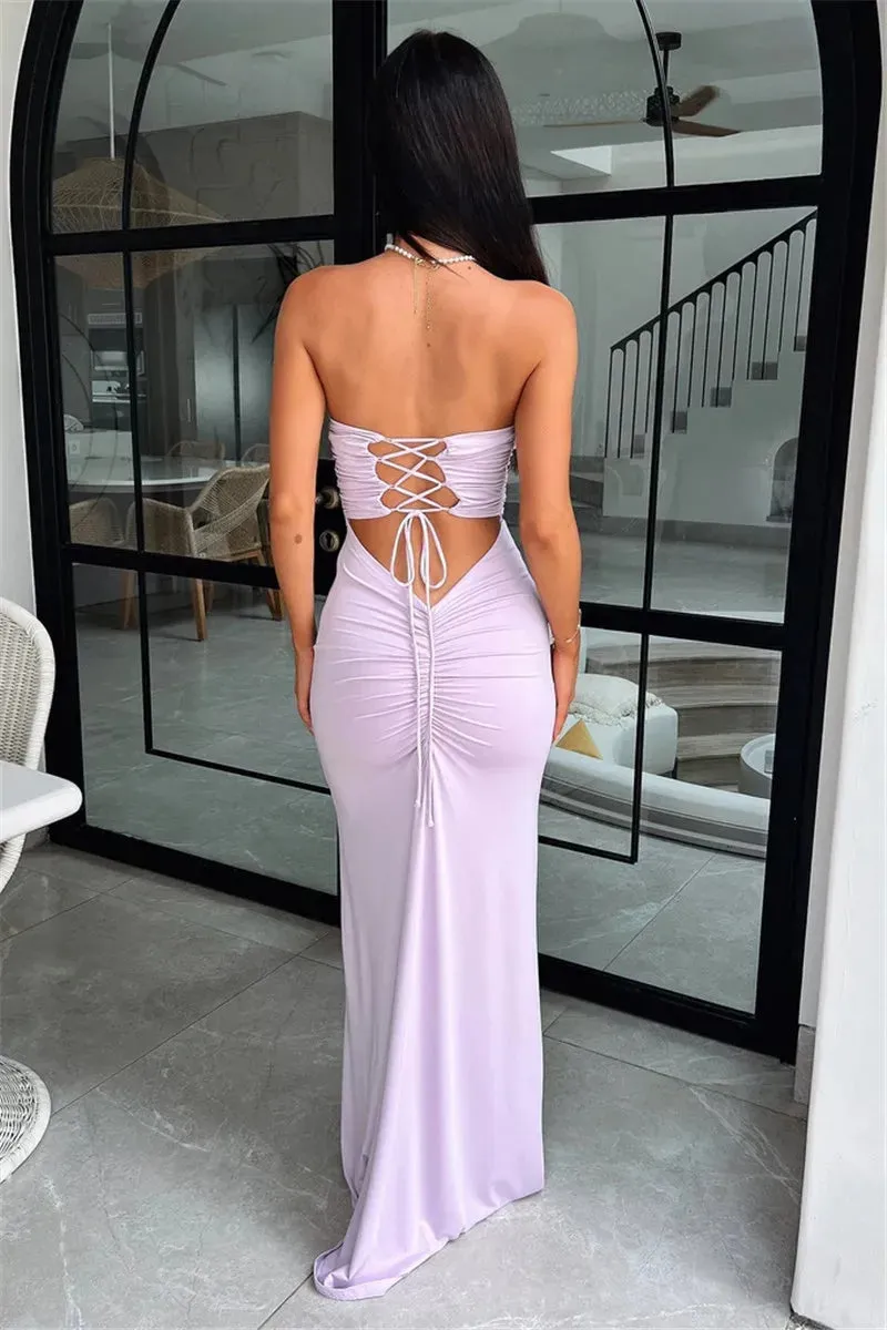 Elegantly Peach Strapless Maxi Dress with Lace-Up Back for Women