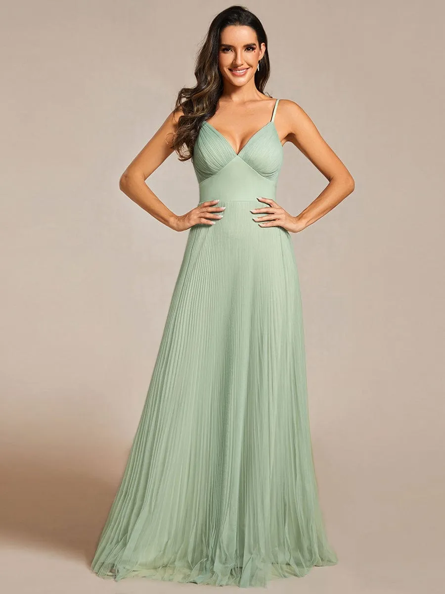 Empire Waist Spaghetti Sratp V-Neck Backless Tulle Bridesmaid Dress