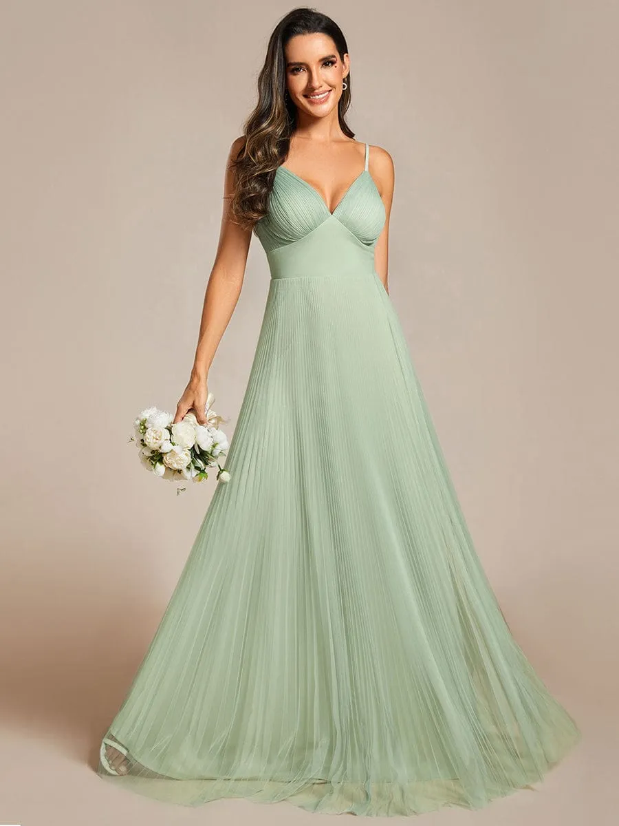 Empire Waist Spaghetti Sratp V-Neck Backless Tulle Bridesmaid Dress