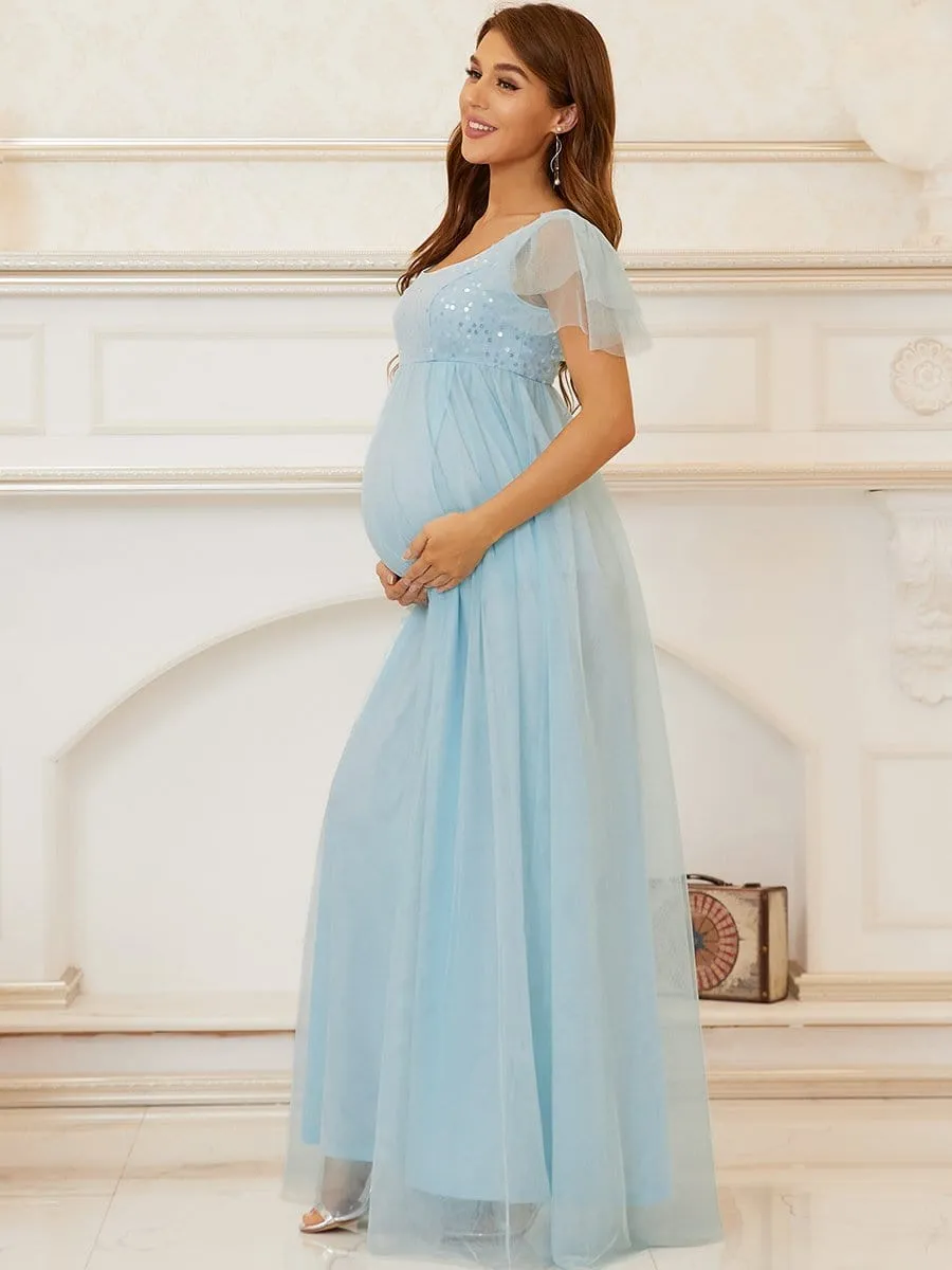 Empire Waist Tulle Sequin Maxi Maternity Dress