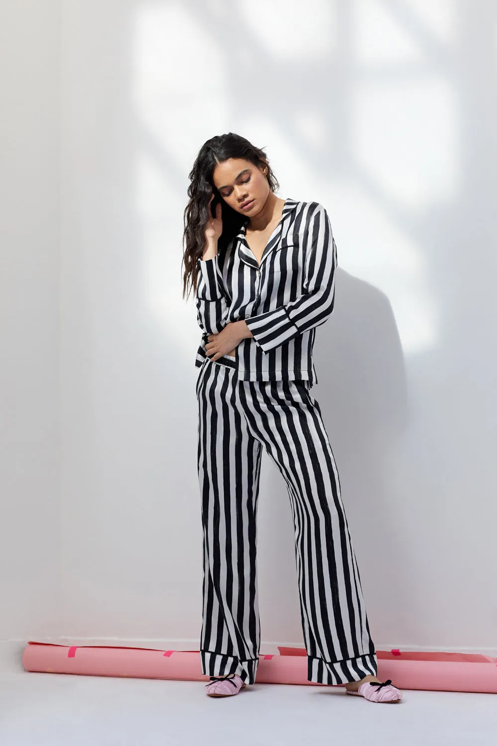 Evie Black Stripe Silk Pyjama Set