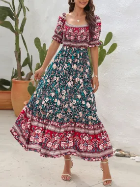 FashionSierra - 2024 Floral Print Square Neck Ruffle Boho Dress