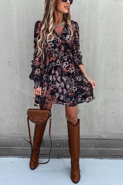 Floral Empire Waist Long Sleeve Mini Dress